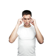 Naklejka premium Young man in a white shirt focusing with his fingers on his temples, isolated on a white background. Concept of concentration and focus