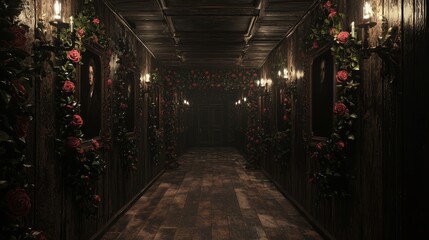 Fototapeta premium Old Corridor Decorated with Portraits and Roses in Dim Light