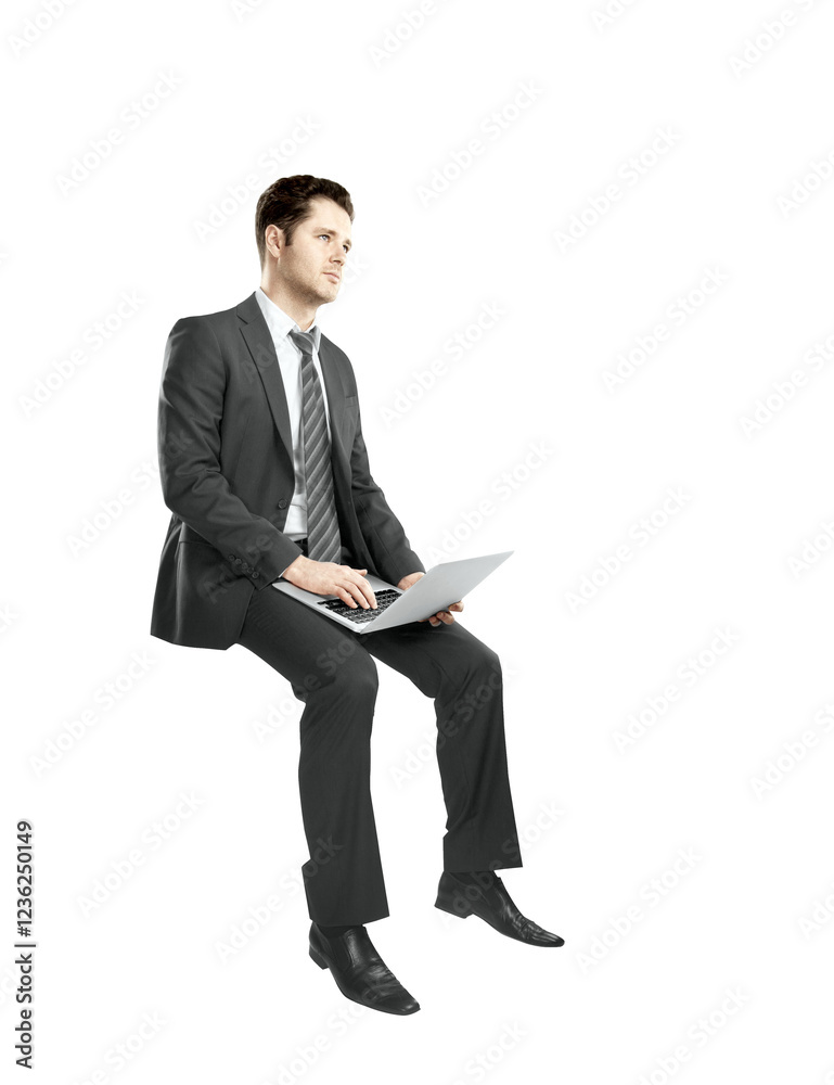 Poster man in formal suit sitting and typing on a laptop, isolated on white background. professional attire