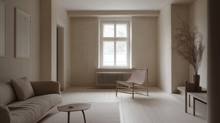 Serene Minimalist Living Room Interior with Neutral Tones and Natural Light