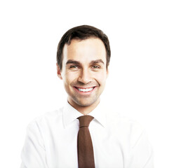 Closeup of a smiling man in a white shirt and brown tie, isolated on a white background. Concept of positivity and professional appearance