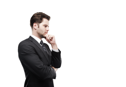 Side view of a businessman in a suit, deep in thought, with a hand on his chin, isolated on a white background. Professional concept