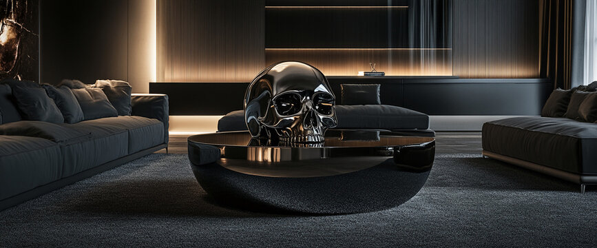 Modern black-themed living room with a glossy black skull-shaped coffee table, symbolizing luxury and contemporary style, blending dark elegance with artistic design.