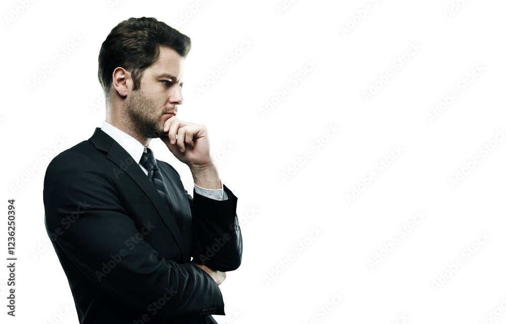 Poster a man in a formalsuit and tie, holding his chin in a thinking pose. isolated on a clean white backgr