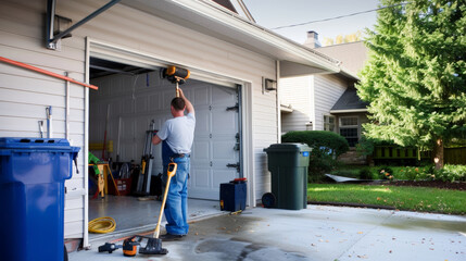 man repairing garage door with tools in residential setting