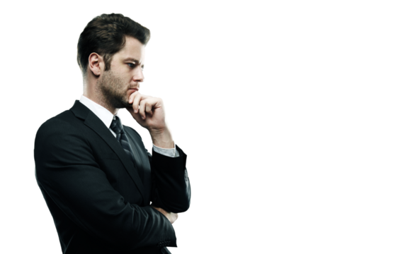 A man in a formalsuit and tie, holding his chin in a thinking pose. Isolated on a clean white background. Concept of decision-making