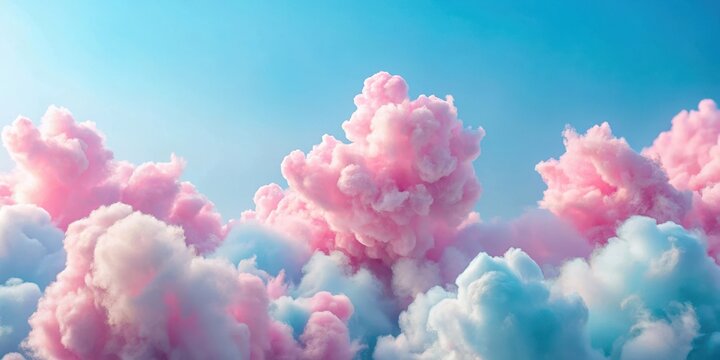 Soft pink clouds float gently in a pale blue sky with wispy strands resembling fluffy cotton candy tufts
