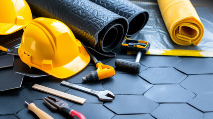Construction tools and materials on work surface, including helmets and roofing layers