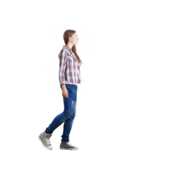 Young woman in casual outfit walking, side view. Isolated image on white background. Concept of casual fashion, active lifestyle, or individuality