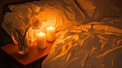 Romantic bedroom candles, roses, night, cozy, sleep