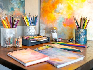 Artistic desk view with sketchbooks, colored pencils, and abstract decor