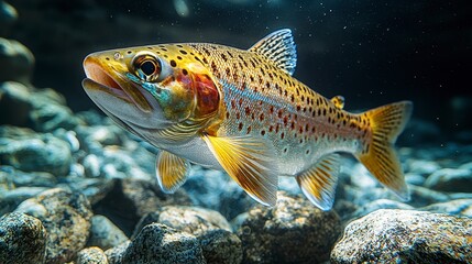 Fototapeta premium Brown trout swimming river rocks underwater
