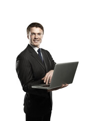 Professional businessman in a formal suit, holding a laptop, isolated on a white background. Closeup concept of corporate technology and success