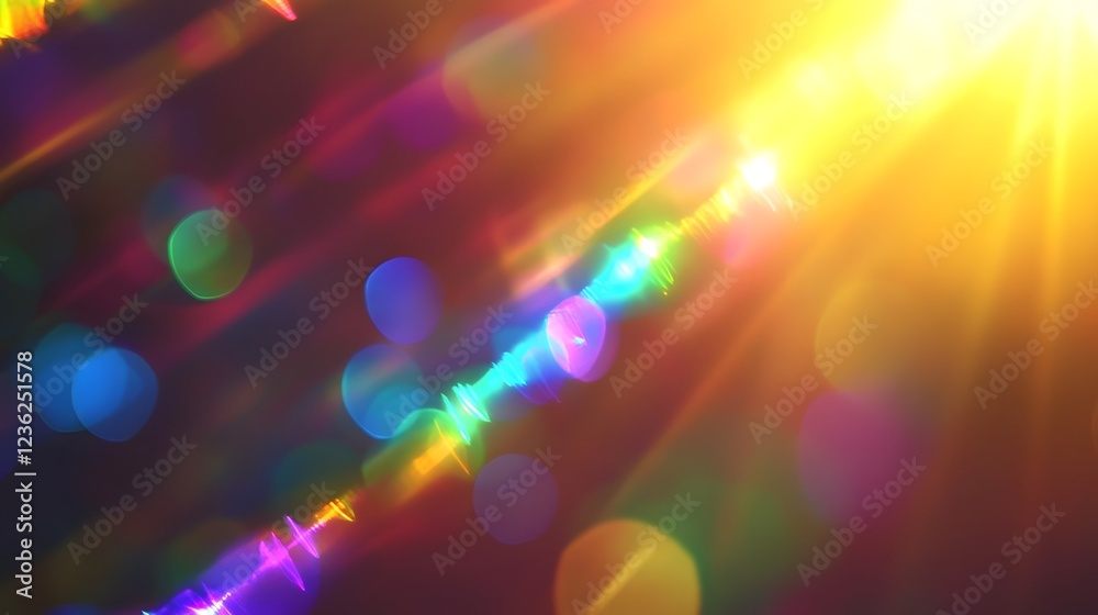 Poster Mesmerizing display of vibrant colorful flare light burst effect with glowing orbs prism like rays and a kaleidoscope of radiant luminous illumination against a blurred hazy background