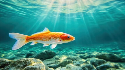 Naklejka premium Graceful Koi Fish Swimming Underwater in Crystal Clear Water
