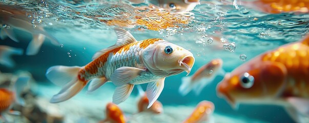 Fototapeta premium Colorful Koi Fish Swimming Gracefully in Clear Blue Water