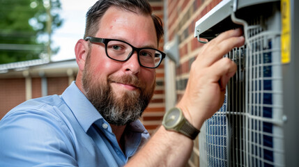 technician performing maintenance on HVAC unit outdoors