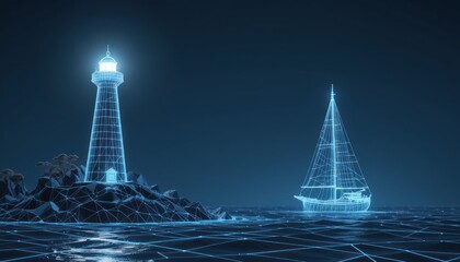 Digital Lighthouse Guiding Sailboat at Night
