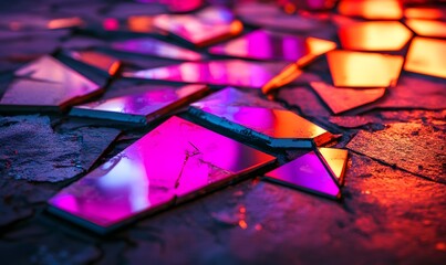 Shattered iridescent glass on dark ground, vibrant lighting, abstract art, website background