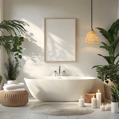 Poster frame mockup a cozy white bathroom interior shown from a frontal angle focusing on the decorative elements like candles and plants creating a serene spalike atmosphere in this 3D render