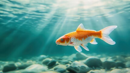 Fototapeta premium Orange Koi Fish Swimming Underwater with Sunlight Beams Above