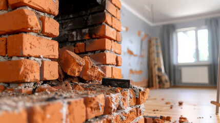 Damaged brick chimney with debris in room, showcasing renovation work