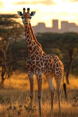 Obraz premium Young Giraffe Stands in Golden Sunset Light