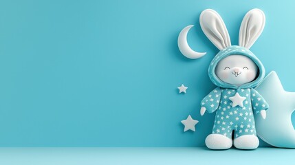Obraz premium A cute plush bunny in blue pajamas with ears, surrounded by stars and a crescent moon on a light blue background.