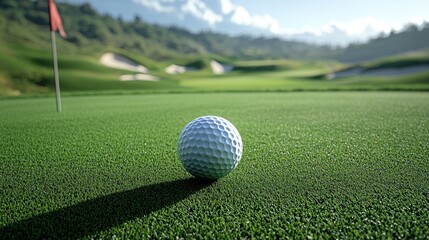 Obraz premium Golf ball on green with flag and hills in background, ready for putt
