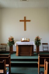 The interior of a church with an altar and cross. The setting is used for religious ceremonies, worship, and prayer.