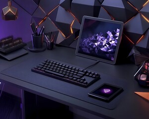 Dark-themed desk with a matte black keyboard, tablet, and geometric decor