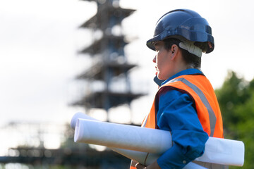 Female site manager Construction worker oversees site operations while carrying blueprints during...