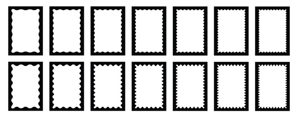 Set of rectangle frames with wavy edges. Rectangle picture frames with wavy inner borders. Picture or photo frames, empty text boxes, tags, labels.