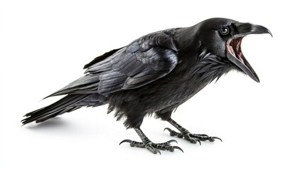 Black Raven with Open Beak on a White Background for Stock Use