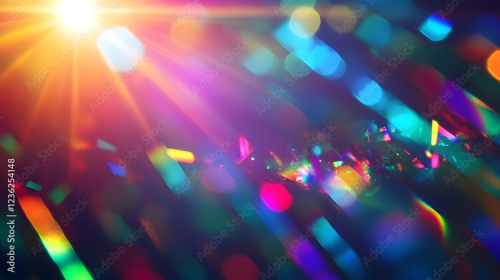 Poster Vibrant colorful and abstract background featuring a blurred and defocused bokeh effect with shimmering sparkling lights glowing beams of illumination and a kaleidoscopic prism of colors