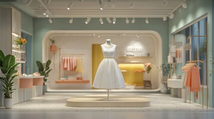 Modern Boutique Interior with Mannequin, Dresses, and Floral Decor