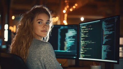 Confident Female Programmer Working Late, Focused on Development of Software At Startup Company