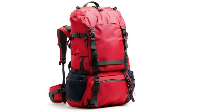 Red and black hiking backpack with multiple compartments, adjustable straps, front pockets, ventilated design, and waterproof material.