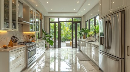 Modern white kitchen with garden view, ideal for interior design inspiration