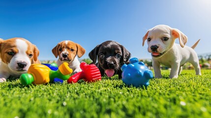 Vibrant Image of Group of Puppies Playing with Colorful Toys on Bright Green Lawn Under Clear Blue Sky: Ideal for Pet and Lifestyle Content Highlighting Joy and Innocence of Young Animals