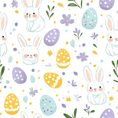 Seamless Easter pattern with hand-drawn style bunnies, polka-dotted eggs and flowers in pastel shades of lavender, mint, and butter yellow