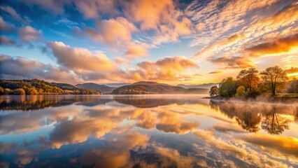 Obraz premium Breathtaking autumn sunrise over Coniston Water with mist and wispy clouds creating a serene and peaceful atmosphere , serene landscape , cloud formation