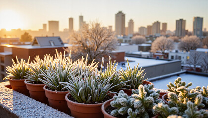 Frost-covered flower pots on urban balcony at sunrise, winter beauty