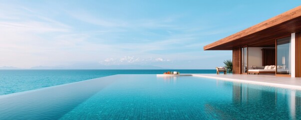 Obraz premium Lavish and secluded tropical villa with an infinity pool that appears to seamlessly blend with the stunning turquoise ocean offering a tranquil and exclusive vacation experience in paradise