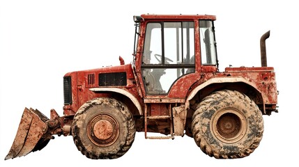 Naklejka premium Old Red Tractor with Dirty Tires and Bucket Attachment Side View