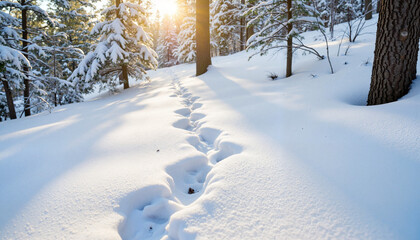 Hiker's footprints in fresh snow on forest trail, winter adventure