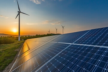 Sustainable energy landscape featuring rows of solar panels and wind turbines under a golden sunset, emphasizing renewable energy solutions.