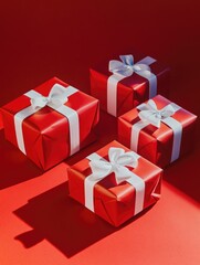 The image features three beautifully wrapped Christmas gifts, each adorned with a shiny red bow, set against a vibrant red background.