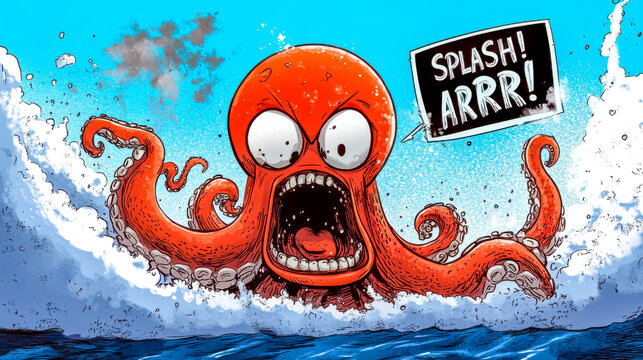 Giant red octopus attacking ship in comic style illustration