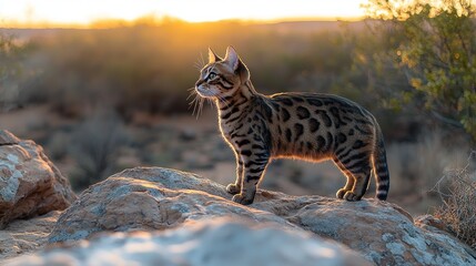 Fototapeta premium Bengal cat on rocks at sunset in desert landscape
